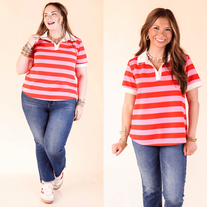 Statement in Stripes shirt features pink vertical stripes, a classic collar, and short sleeves for an easy, standout look. Sizes small through large.
