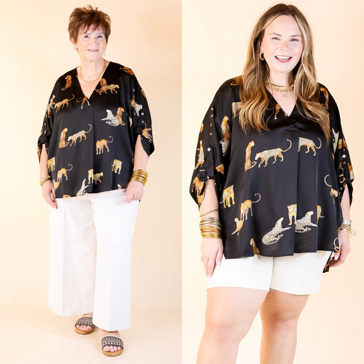  With a flattering v-neckline, scattered leopard print, and roll-tab sleeves for that lived-in, laid-back look. Sizes small to large.