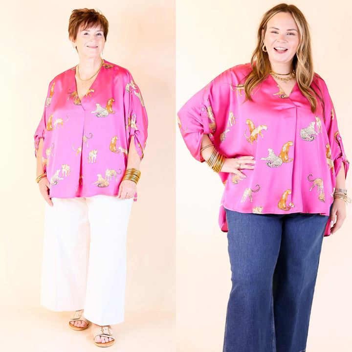  With a flattering v-neckline, scattered leopard print, and roll-tab sleeves for that lived-in, laid-back look. Sizes small to large.