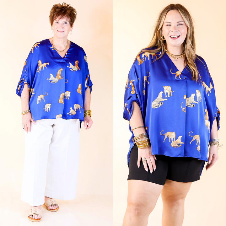  With a flattering v-neckline, scattered leopard print, and roll-tab sleeves for that lived-in, laid-back look. Sizes small to large.