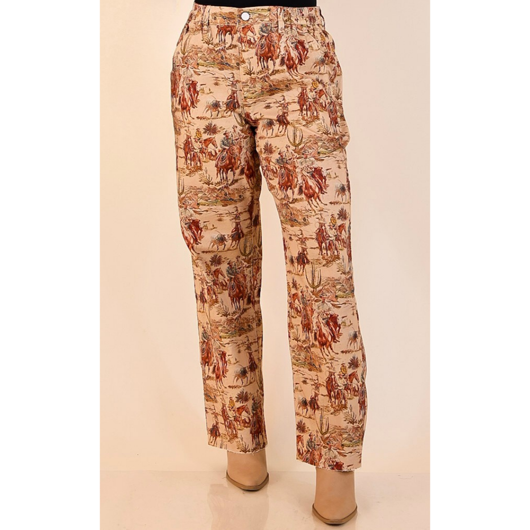 Story of the West Straight Leg Raw Hem Western Print Pants in Taupe Brown
