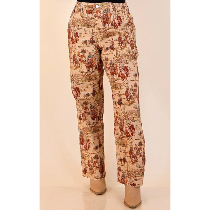 Story of the West Straight Leg Raw Hem Western Print Pants in Taupe Brown