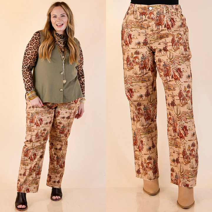 Models are wearing straight leg raw hem western print pants in taupe brown.