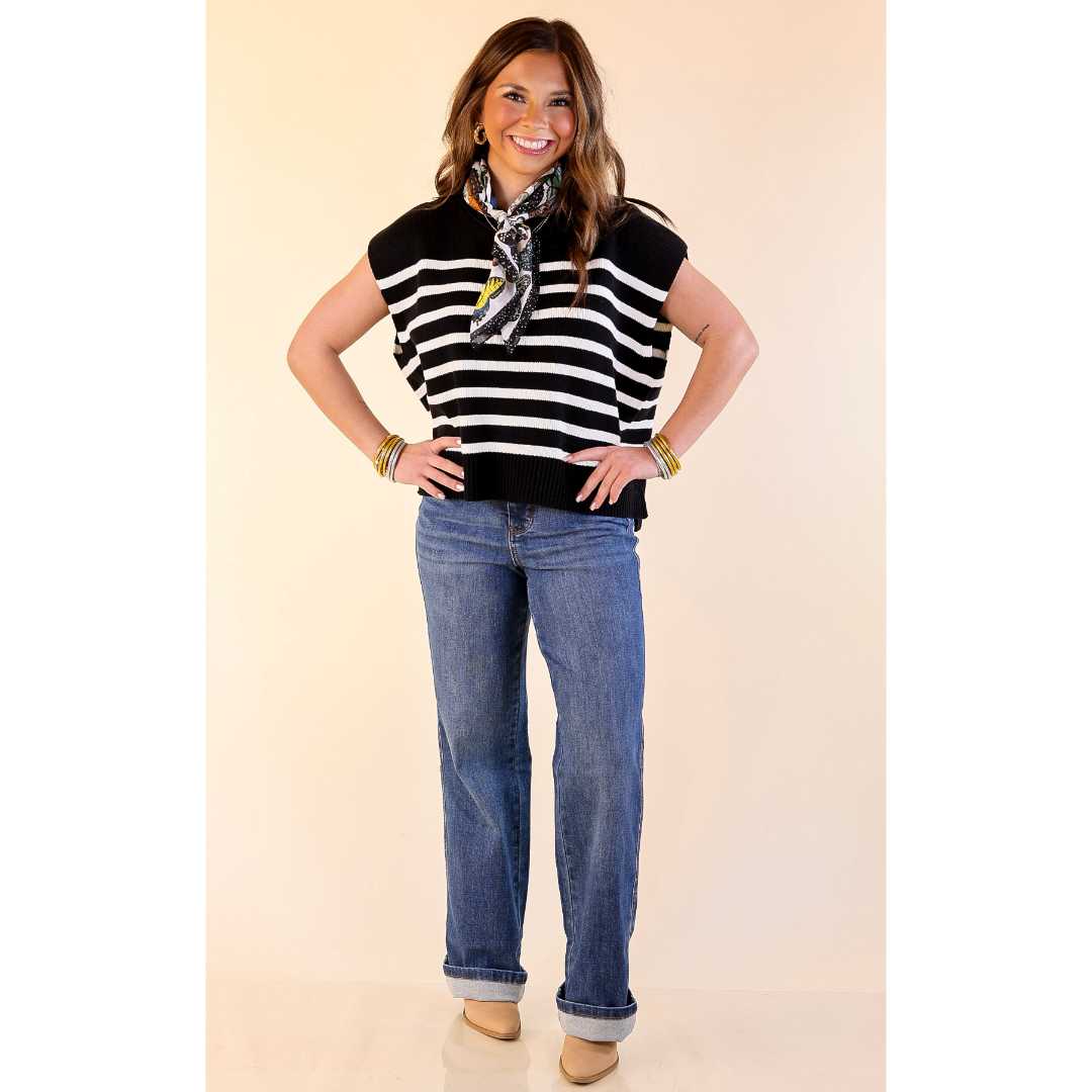 Stripe Things Up Drop Shoulder Knit Sweater in Black with Ivory Stripes
