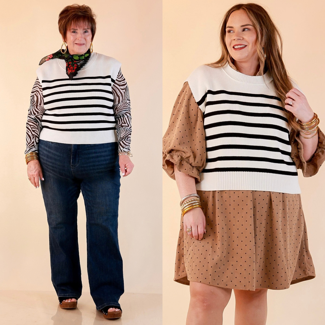 Stripe Things Up Drop Shoulder Knit Sweater in White with Black Stripes