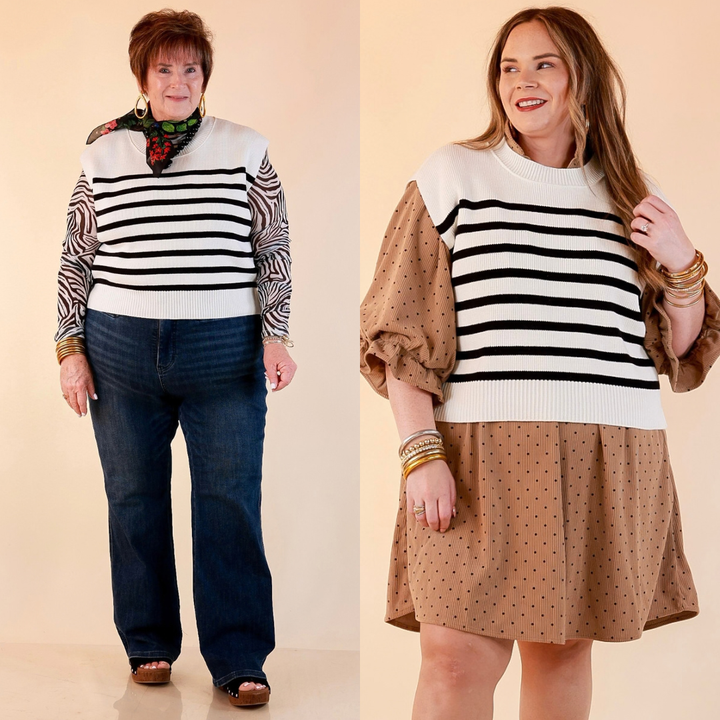 Stripe Things Up Drop Shoulder Knit Sweater in White with Black Stripes