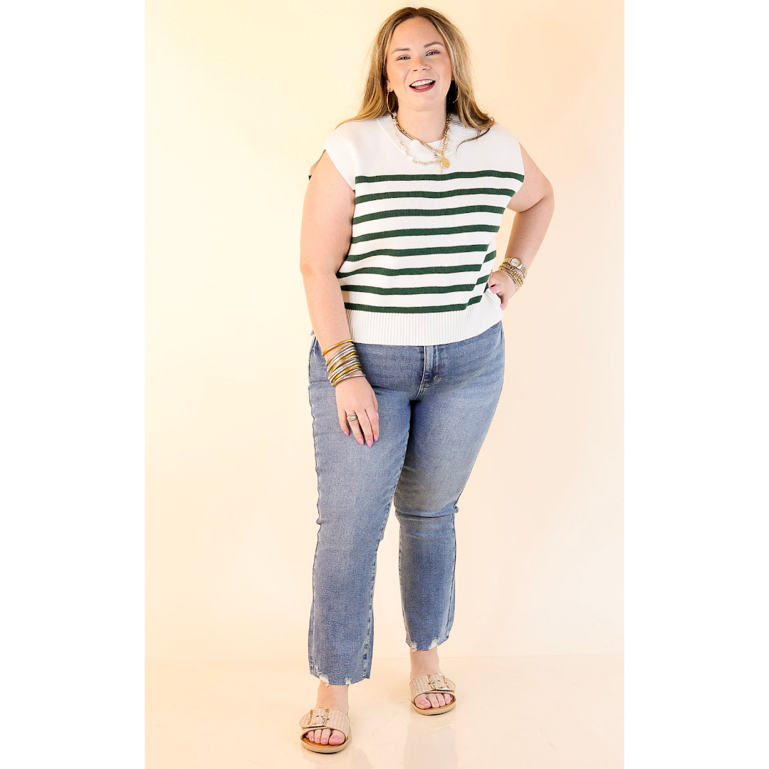 Stripe Things Up Drop Shoulder Knit Sweater in White with Forest Green Stripes