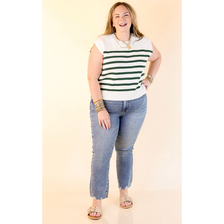 Stripe Things Up Drop Shoulder Knit Sweater in White with Forest Green Stripes
