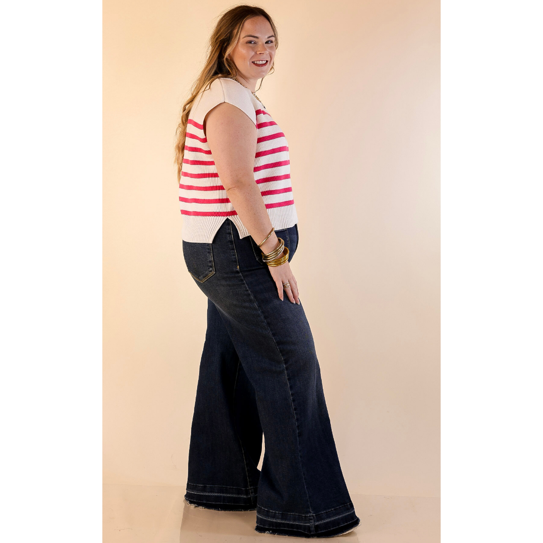 Stripe Things Up Drop Shoulder Knit Sweater in White with Hot Pink Stripes