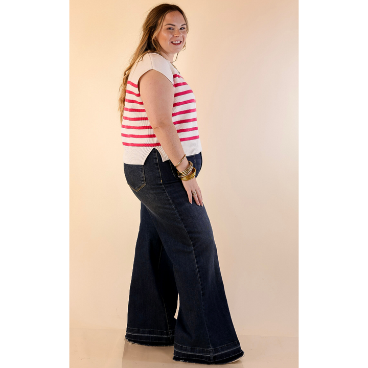 Stripe Things Up Drop Shoulder Knit Sweater in White with Hot Pink Stripes