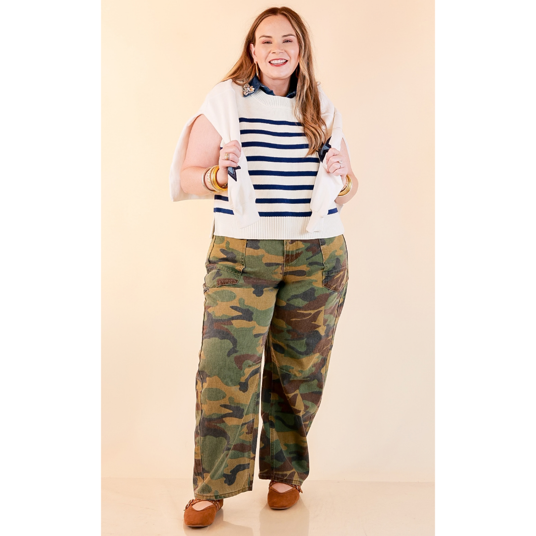 Stripe Things Up Drop Shoulder Knit Sweater in White with Navy Blue Stripes