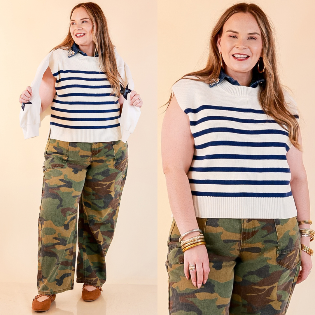 Stripe Things Up Drop Shoulder Knit Sweater in White with Navy Blue Stripes