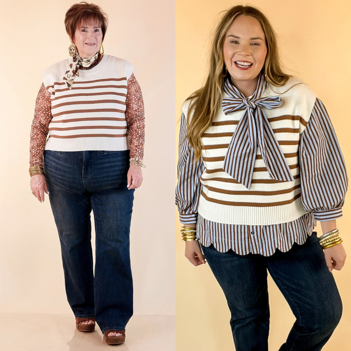 Stripe Things Up Drop Shoulder Knit Sweater in White with Tan Stripes