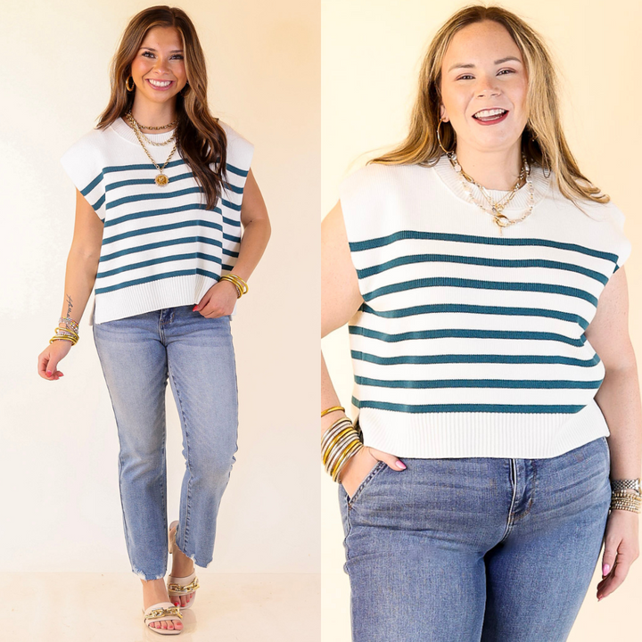 Women wearing Teal Blue striped tops and jeans against a plain background