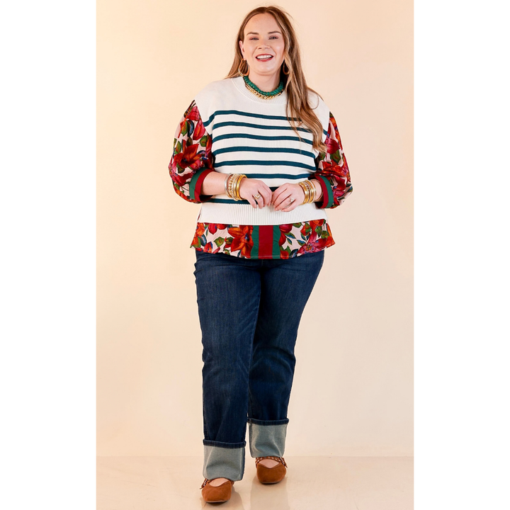 Stripe Things Up Drop Shoulder Knit Sweater in White with Teal Blue Stripes