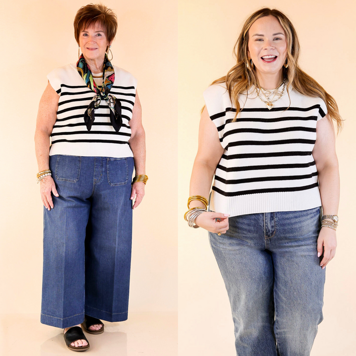 The Stripe Things Up Sleeveless Knit Sweater adds an effortless pop to your look with its white base and vertical stripes. Lightweight, comfy, and easy to style. Sizes small through large.