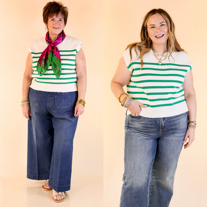 The Stripe Things Up Sleeveless Knit Sweater adds an effortless pop to your look with its white base and vertical stripes. Lightweight, comfy, and easy to style. Sizes small through large.