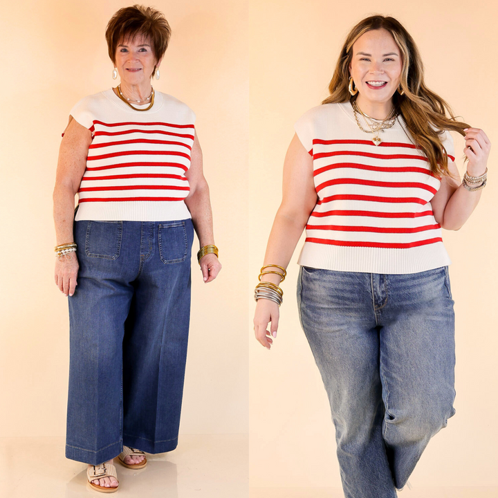 The Stripe Things Up Sleeveless Knit Sweater adds an effortless pop to your look with its white base and vertical stripes. Lightweight, comfy, and easy to style. Sizes small through large.
