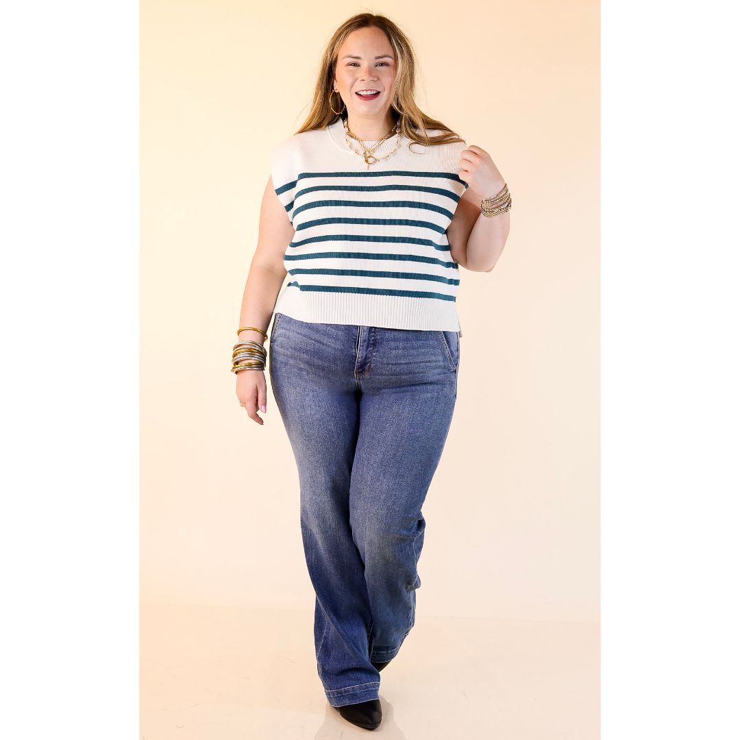 Stripe Things Up Drop Shoulder Knit Sweater in White with Teal Blue Stripes