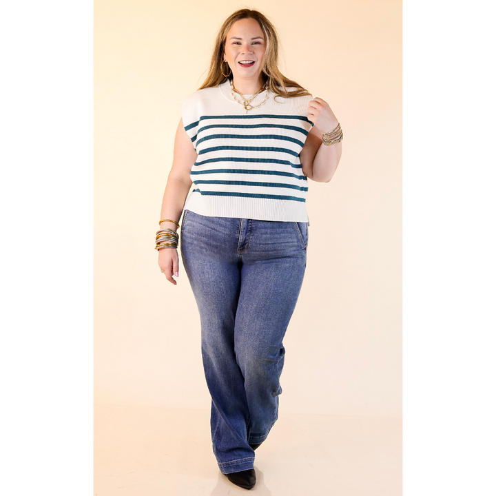 Stripe Things Up Drop Shoulder Knit Sweater in White with Teal Blue Stripes