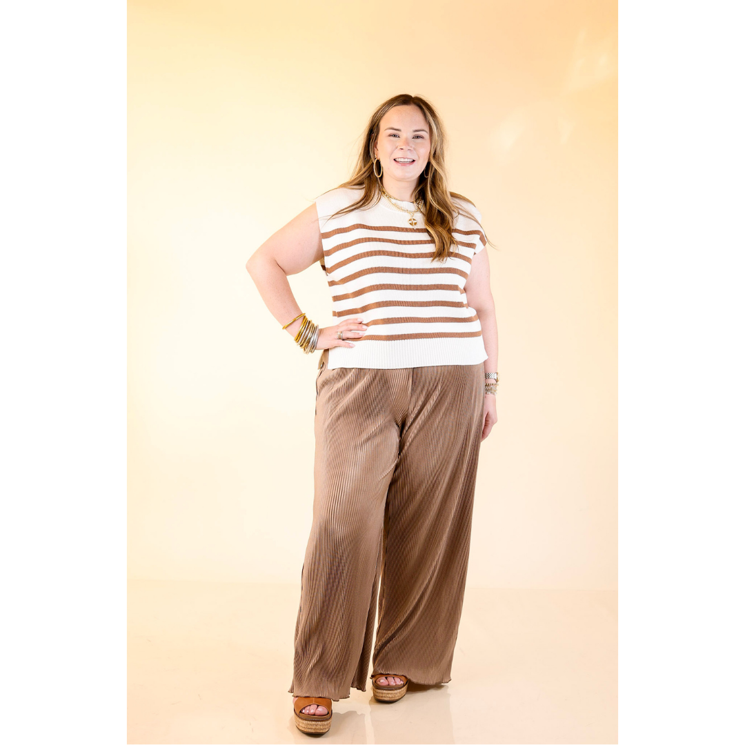 Stripe Things Up Drop Shoulder Knit Sweater in White with Tan Stripes