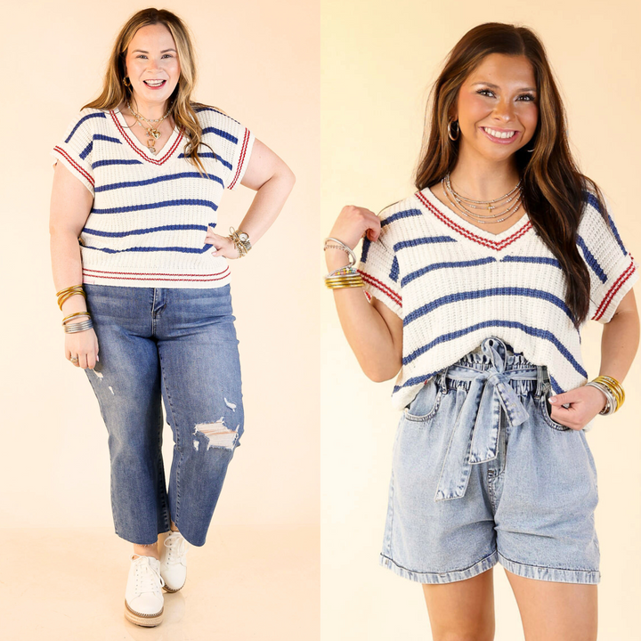 This lightweight short sleeve sweater features a flattering V-neckline and a classic striped design that makes it a must-have for spring and summer.  Available in small to 2XL.