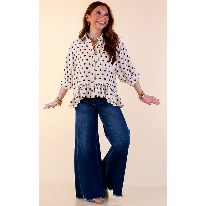 Style Agenda Button Down Peplum Top with Polka Dot Print in Cream and Chocolate Brown