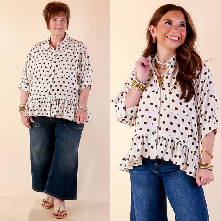 Models are wearing Button Down Peplum Top with Polka Dot Print in Cream and Chocolate Brown Dots with Jeans against a beige backdrop. 