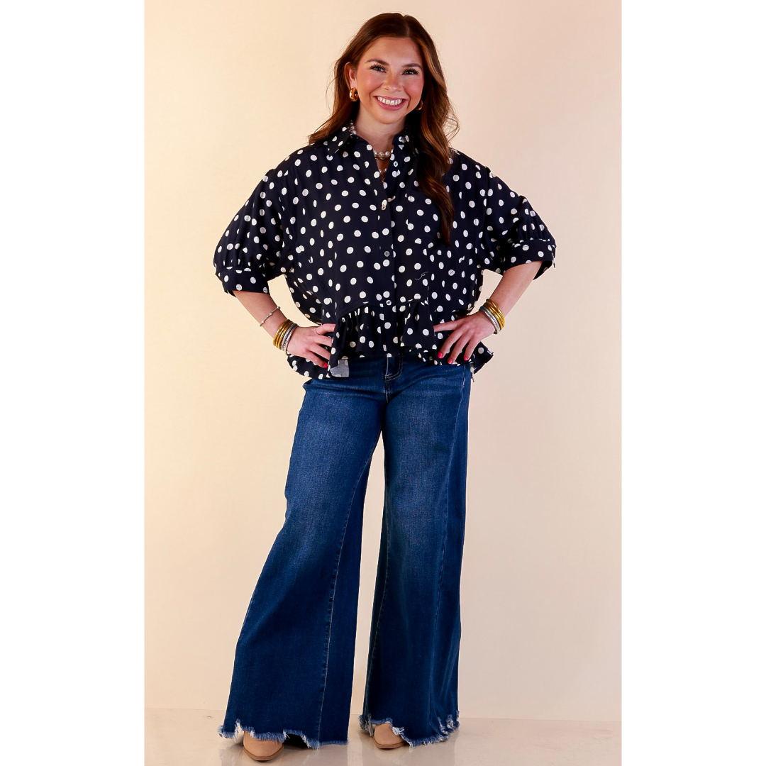 Style Agenda Button Down Peplum Top with Polka Dot Print in Navy Blue with Cream Dots