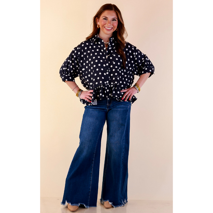 Style Agenda Button Down Peplum Top with Polka Dot Print in Navy Blue with Cream Dots