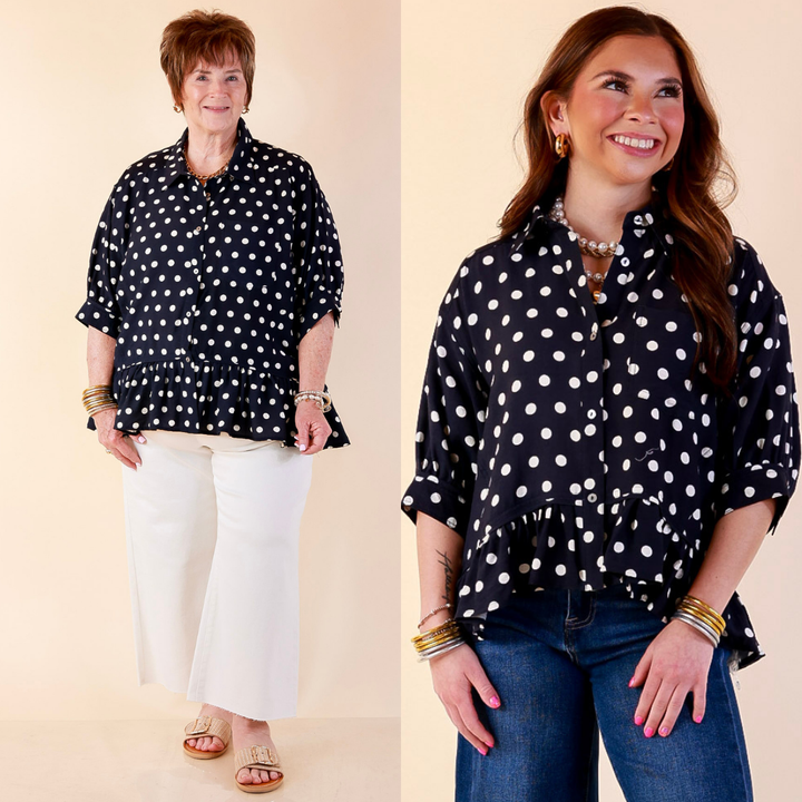 Models are wearing Button Down Peplum Top with Polka Dot Print in Navy Blue with Cream Dots with Jeans against a beige backdrop. 