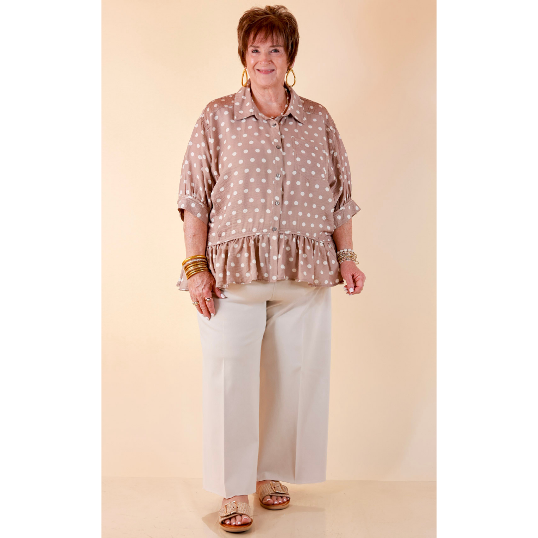 Style Agenda Button Down Peplum Top with Polka Dot Print in Taupe and White