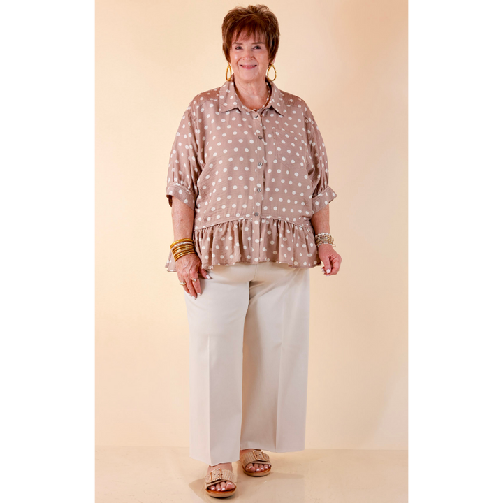 Style Agenda Button Down Peplum Top with Polka Dot Print in Taupe and White