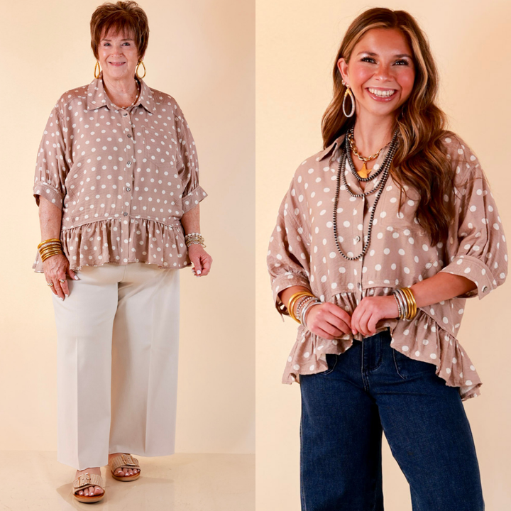 Style Agenda Button Down Peplum Top with Polka Dot Print in Taupe and White