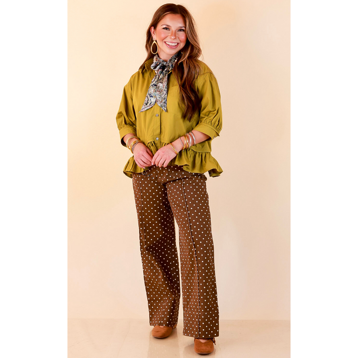 Style Agenda Solid Button Down Peplum Top in Chartreuse Olive Green