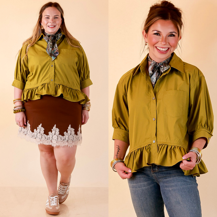 Style Agenda Solid Button Down Peplum Top in Chartreuse Olive Green