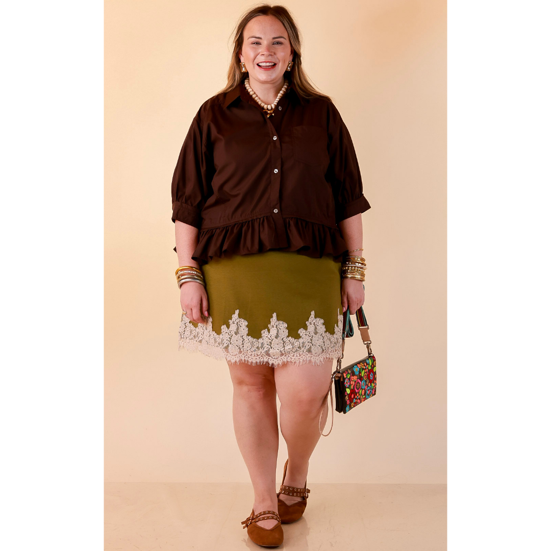 Style Agenda Solid Button Down Peplum Top in Deep Chocolate Brown