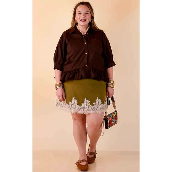 Style Agenda Solid Button Down Peplum Top in Deep Chocolate Brown