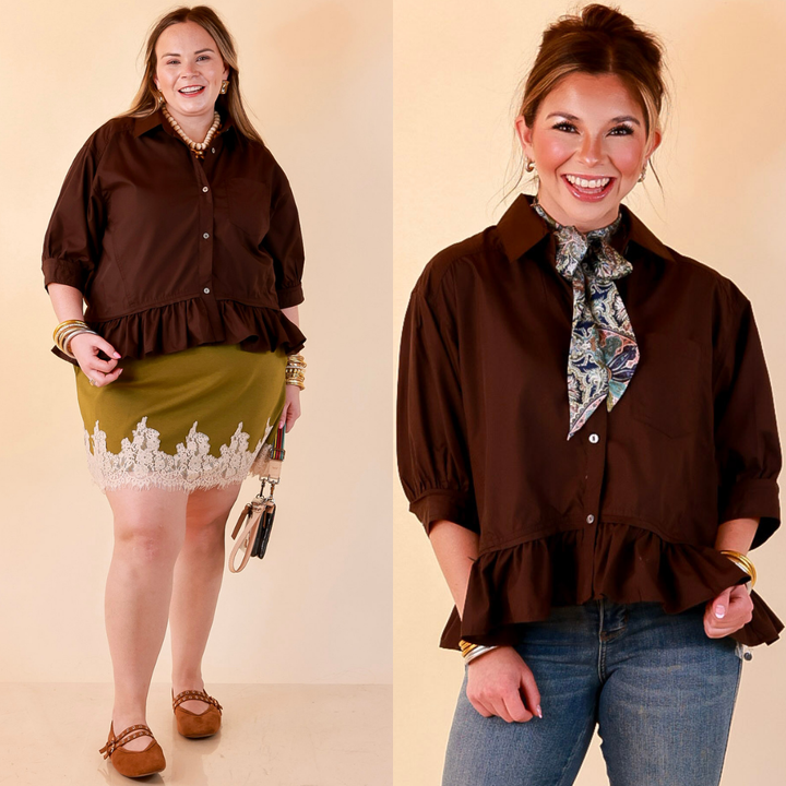 Style Agenda Solid Button Down Peplum Top in Deep Chocolate Brown