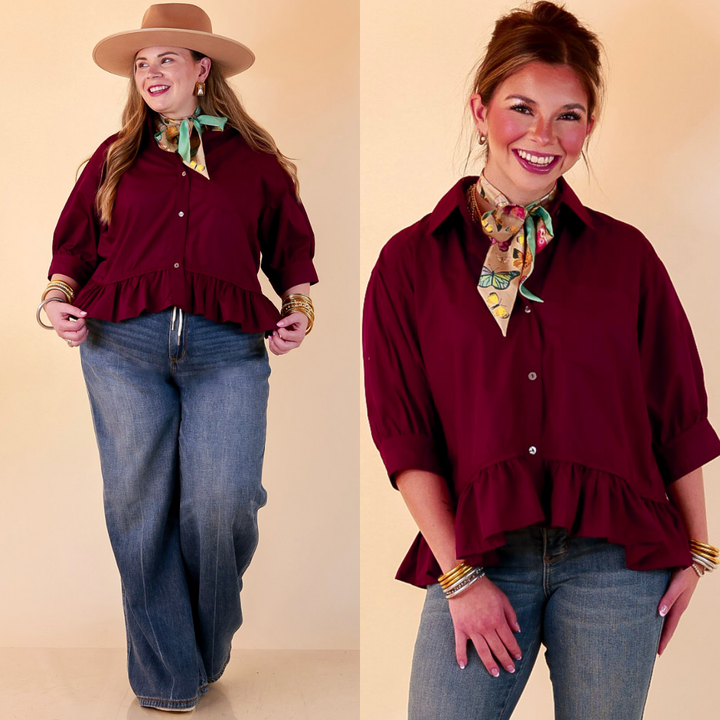 Style Agenda Solid Button Down Peplum Top in Maroon