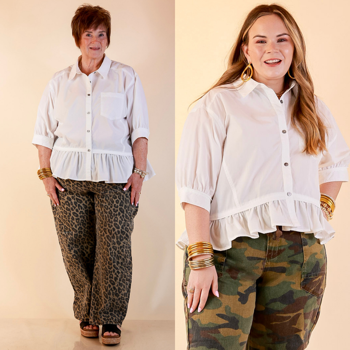 Style Agenda Solid Button Down Peplum Top in White