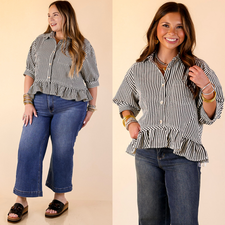 Two women wearing striped shirts and jeans on a beige background
