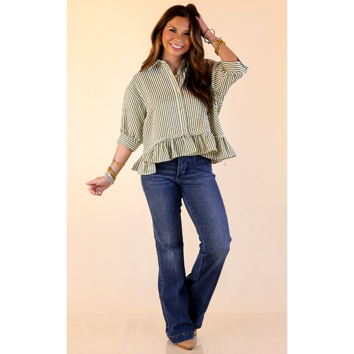 Style Agenda Striped Button Down Collared Top with Ruffle Peplum in Olive Green