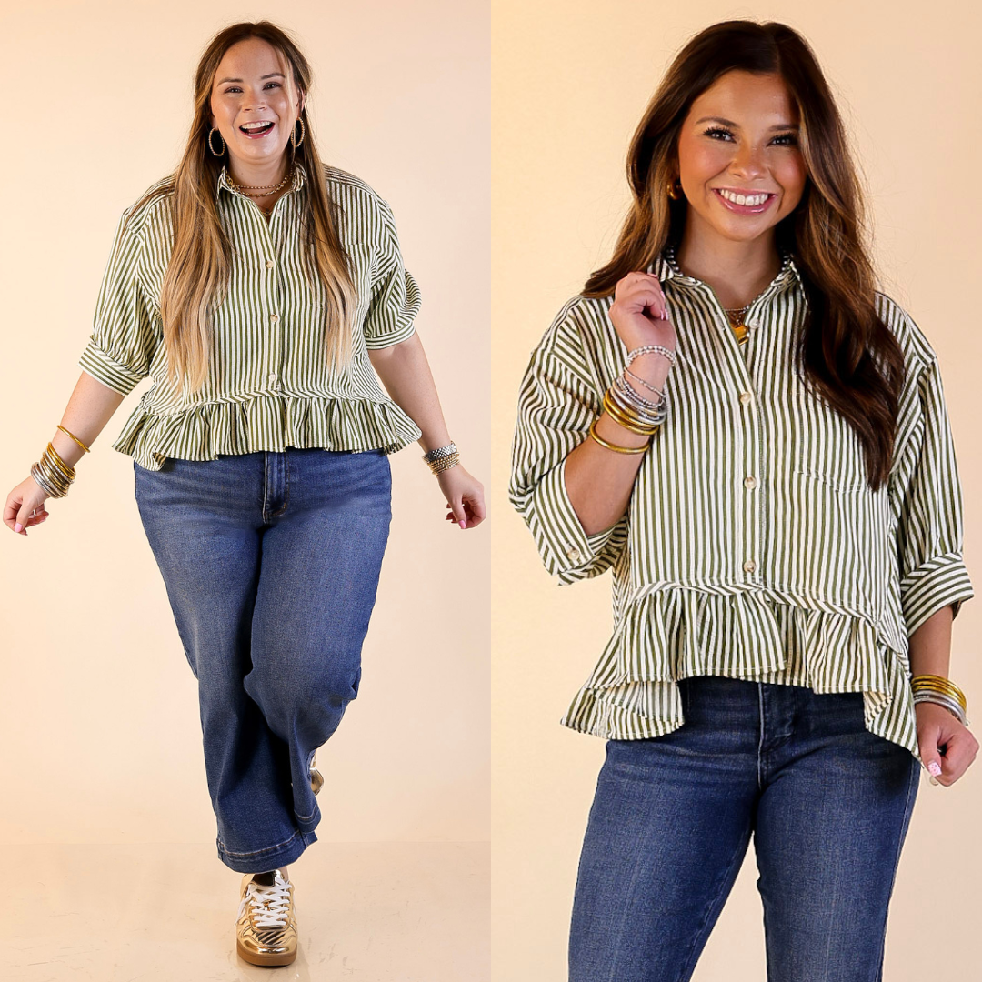 Two images of a woman wearing a striped olive green blouse and jeans on a beige background