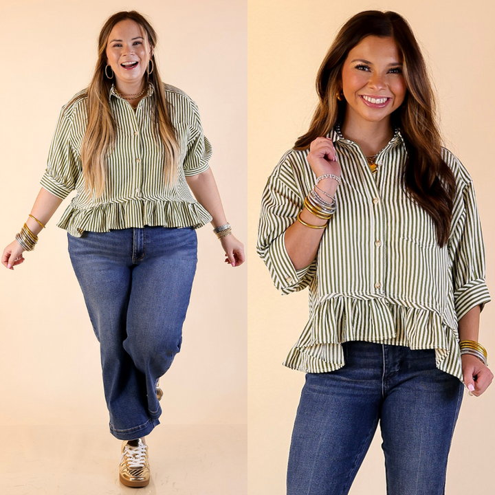 Two images of a woman wearing a striped olive green blouse and jeans on a beige background