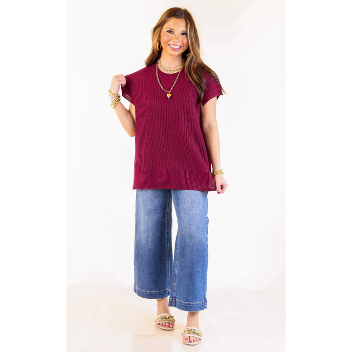 Style Refresh Drop Shoulder Short Sleeve Knit Sweater Top in Maroon