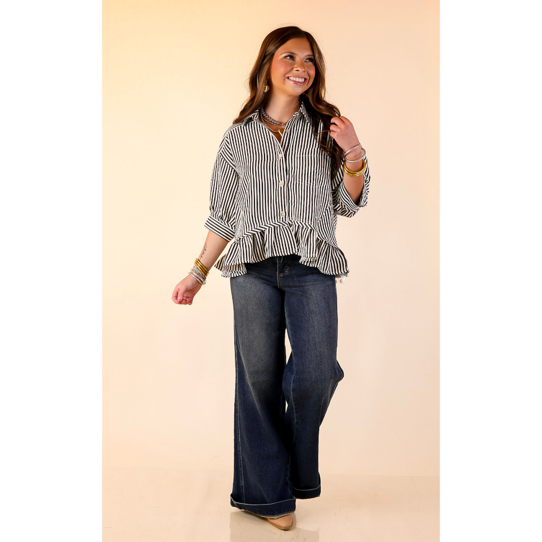 Style Agenda Striped Button Down Collared Top with Ruffle Peplum in Black