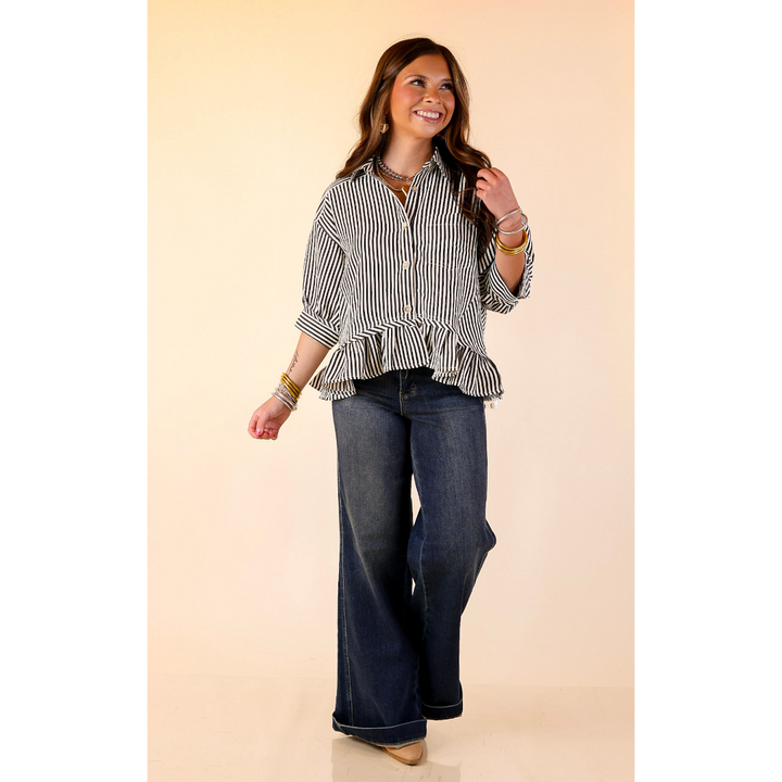 Style Agenda Striped Button Down Collared Top with Ruffle Peplum in Black