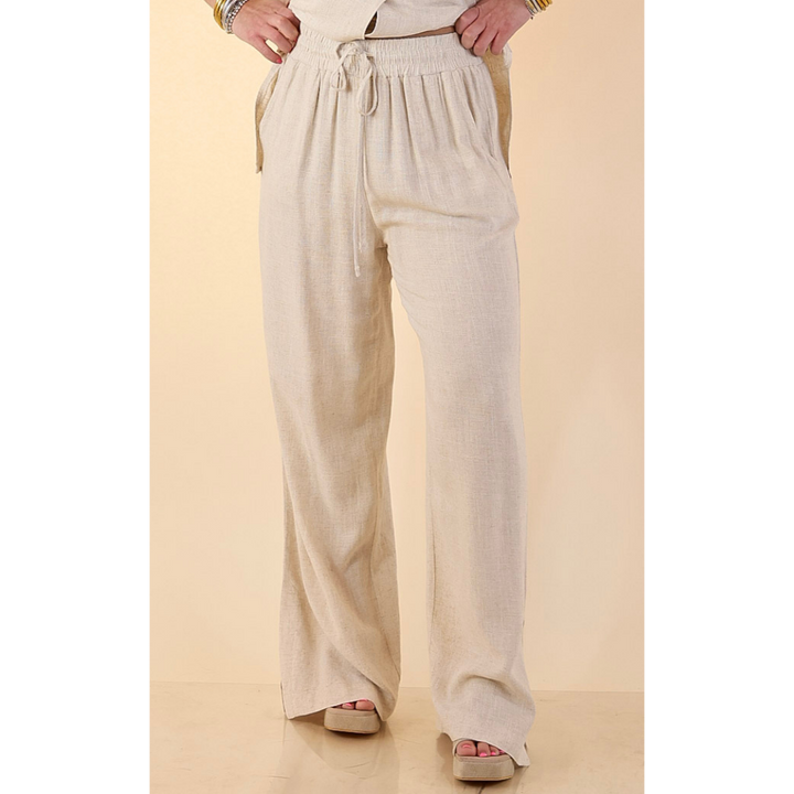 Styled in Comfort Linen Wide Leg Drawstring Pants in Oatmeal Beige