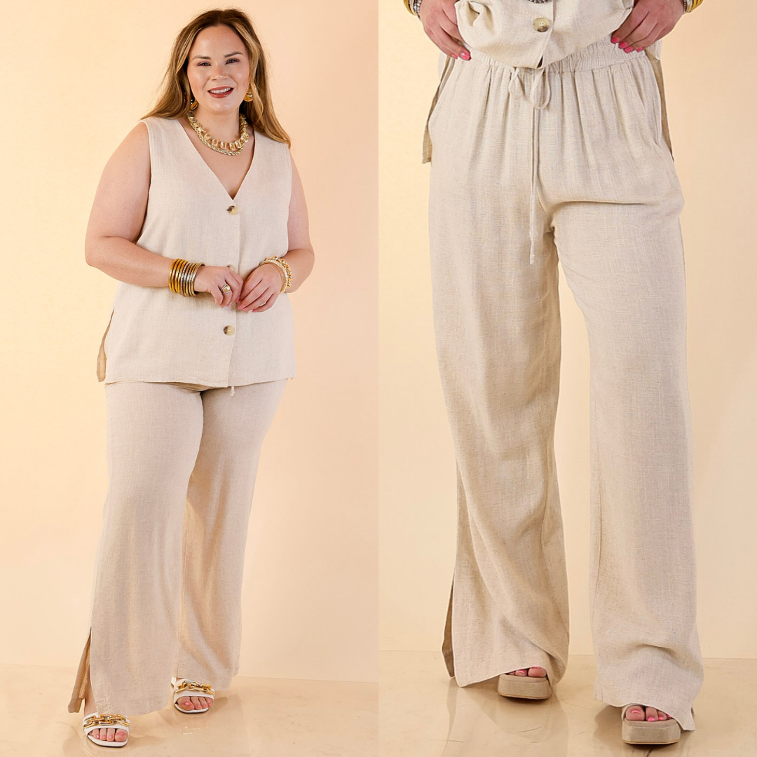 Models are wearing linen Wide Leg Drawstring Pants in Oatmeal Beige with Matching Vest against a beige backdrop. 